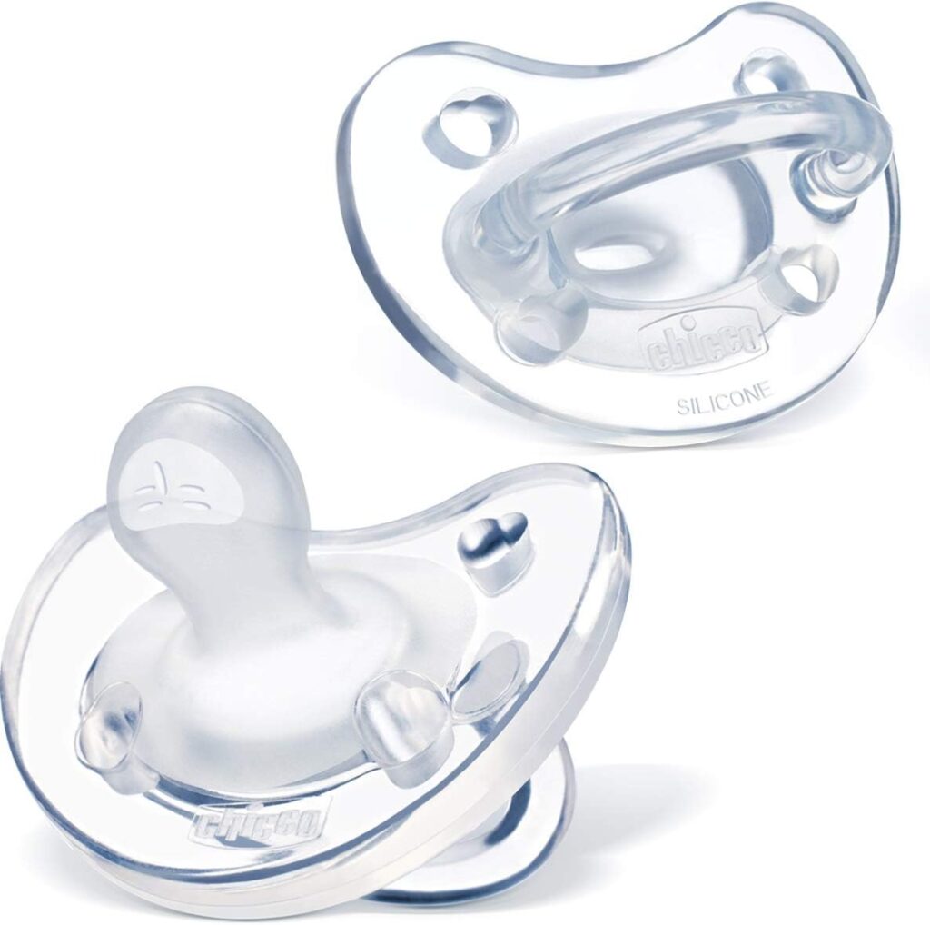Chicco PhysioForma 100% Soft Silicone One Piece Pacifier for Babies aged 0-6 months | Orthodontic Nipple Supports Breathing | BPA Latex Free | Reusable Sterilizing Case | Clear, 2pk