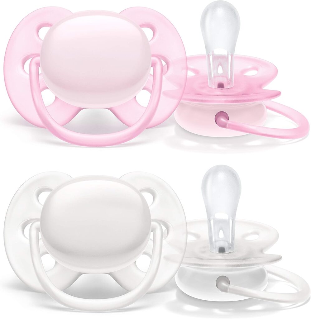 Philips AVENT Ultra Soft Pacifier, 0-6 Months, Arctic White/Pink, 4 Pack, SCF214/41