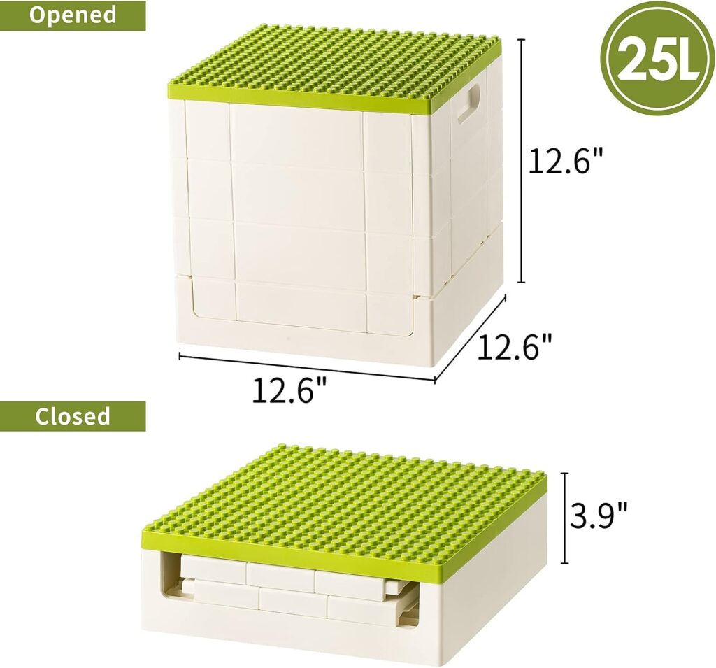 SHIMOYAMA Collapsible Kids Storage Box with Building Base for Lego Duplo Blocks, 26 Qt. Toy Organizer for Boys and Girls, 25L Stackable Toy Chests for Children, Green