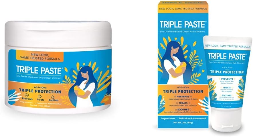 Triple Paste Diaper Rash Cream, Hypoallergenic Medicated Ointment for Babies, 16 oz (Packaging May Vary) and Triple Paste Diaper Rash Cream for Babies - 3 oz Tube
