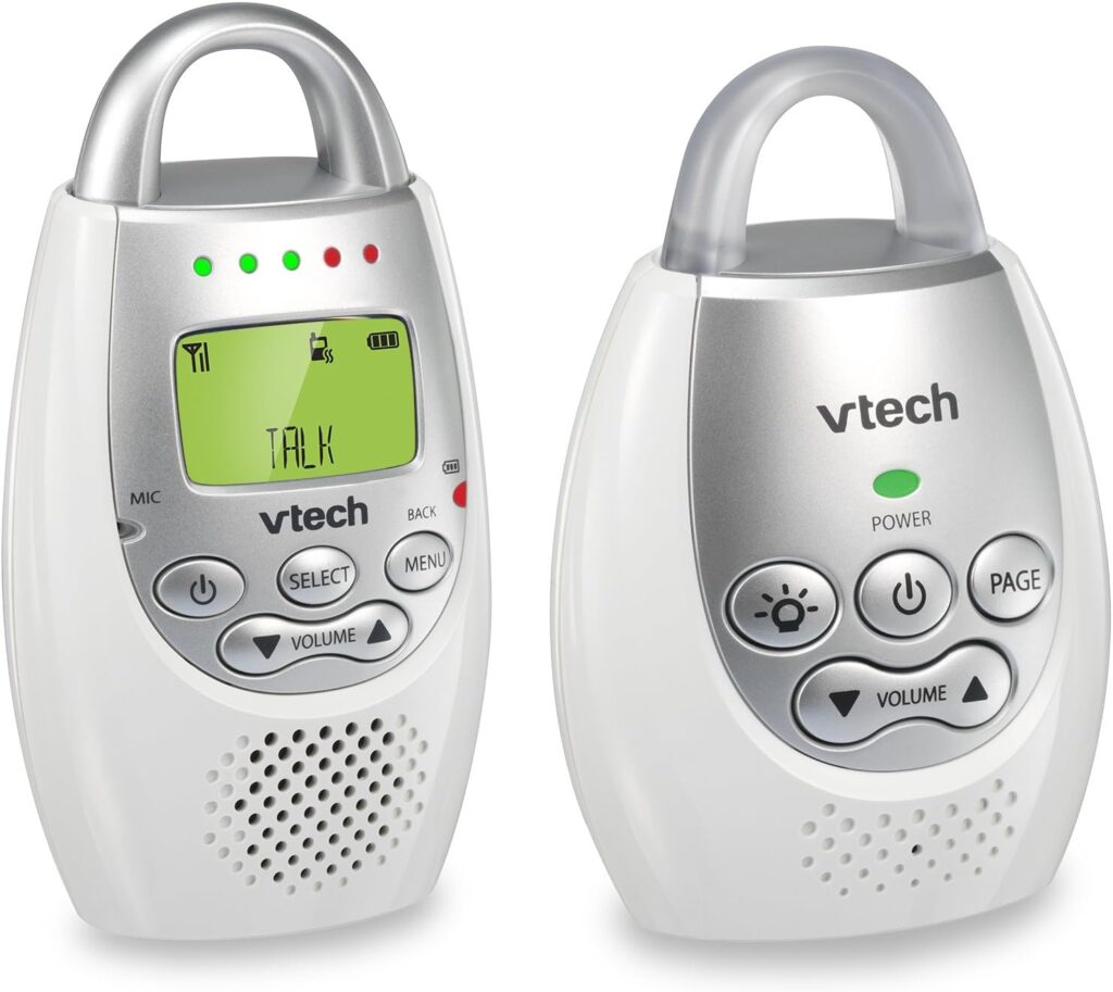 VTech DM221 Audio Baby Monitor with up to 1,000 ft of Range, Vibrating Sound-Alert, Talk Back Intercom Night Light Loop, White/Silver